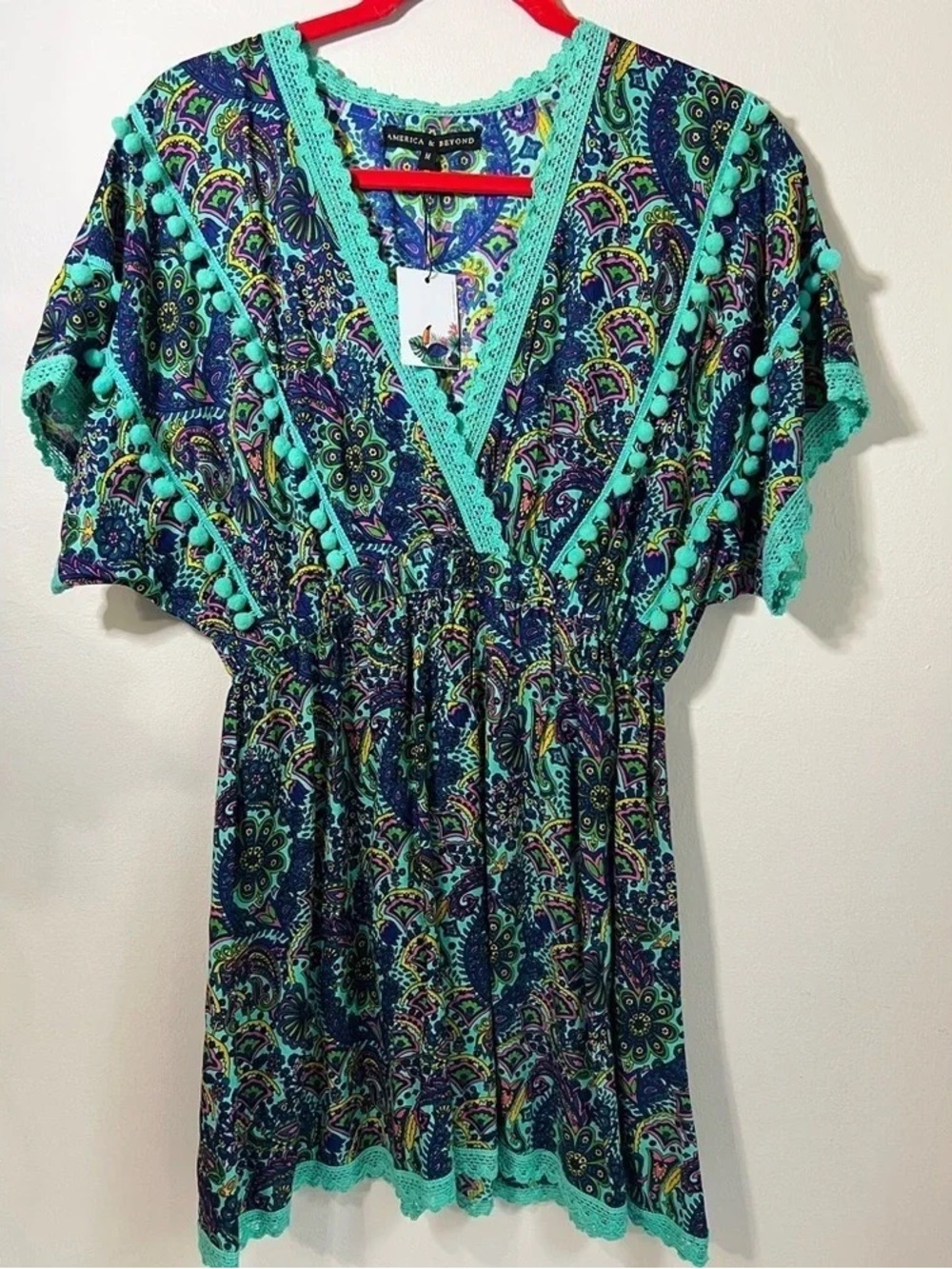 Teal-Trim Paisley V-Neck Women’s Dress